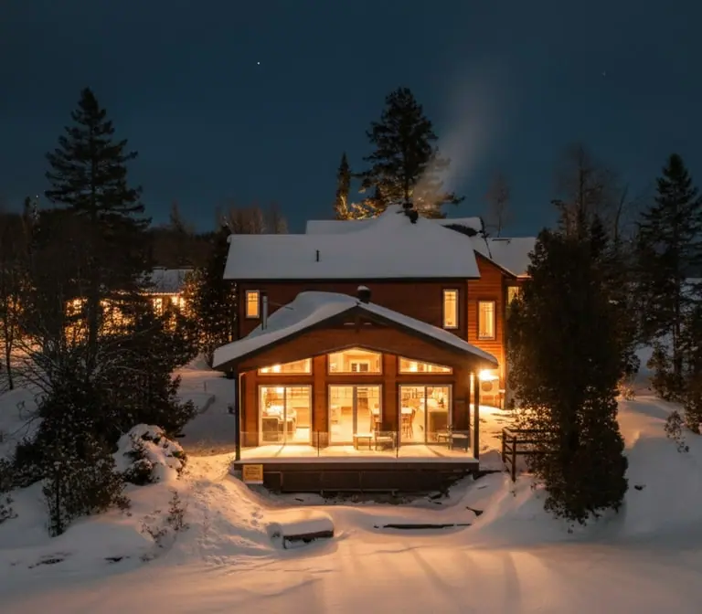 Chalet illuminé dans la neige à la tombée du jour